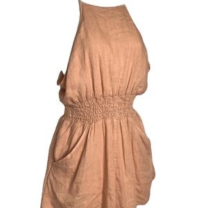American Eagle Womenâs Tan Linen Blend Halter Romper Sz Med w/open back design